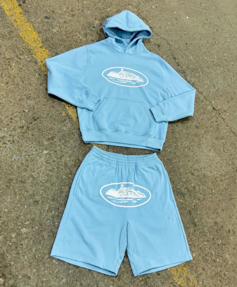 Set Cort3iz White Blue ( hoodie + shorts )